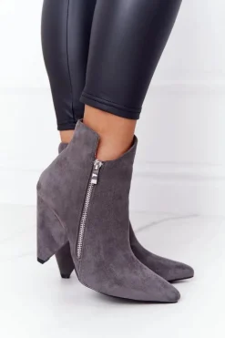 Sale Asymetryczne Botki Na Obcasie Lu Boo Szare Damskie Botki Wiosenne|Botki Na Słupku