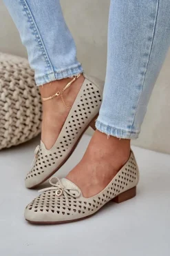 Baleriny Skórzane|Baleriny Klasyczne>Boto Ażurowe Baleriny Z Kokardką Eko Skórzane Złote Relabra