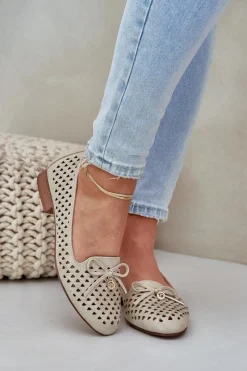 Baleriny Skórzane|Baleriny Klasyczne></noscript>Boto Ażurowe Baleriny Z Kokardką Eko Skórzane Złote Relabra