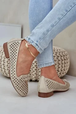 Baleriny Skórzane|Baleriny Klasyczne></noscript>Boto Ażurowe Baleriny Z Kokardką Eko Skórzane Złote Relabra