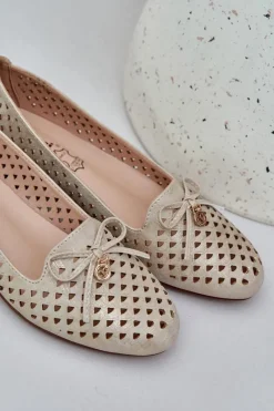 Baleriny Skórzane|Baleriny Klasyczne></noscript>Boto Ażurowe Baleriny Z Kokardką Eko Skórzane Złote Relabra