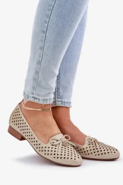 Baleriny Skórzane|Baleriny Klasyczne></noscript>Boto Ażurowe Baleriny Z Kokardką Eko Skórzane Złote Relabra