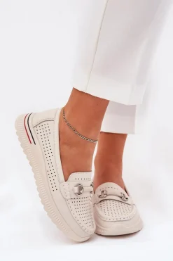 Ażurowe Baleriny Z Naturalnej Skóry Vinceza 95331 Beżowe Damskie Baleriny Skórzane|Baleriny Klasyczne