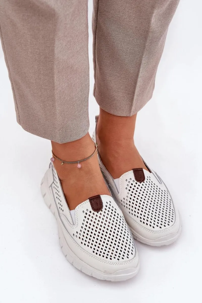 Outlet Buty damskie Vinceza Ażurowe Baleriny Ze Skóry Naturalnej Vinceza 95336 Białe Biały