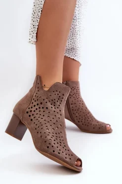 Botki Wiosenne|Botki Ażurowe>Boto Ażurowe Botki Damskie Eko Zamszowe Na Słupku Z Odkrytymi Palcami Brązowe Halania