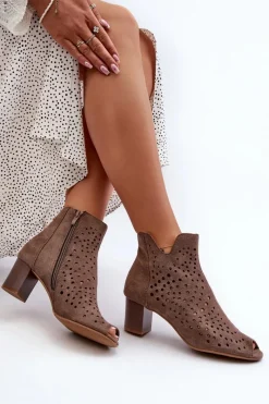 Botki Wiosenne|Botki Ażurowe></noscript>Boto Ażurowe Botki Damskie Eko Zamszowe Na Słupku Z Odkrytymi Palcami Brązowe Halania