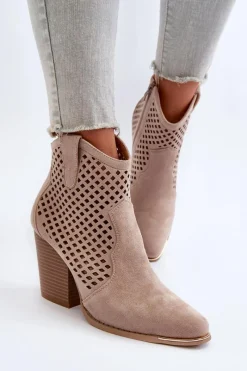 Botki Wiosenne|Botki Na Słupku>Boto Ażurowe Botki Damskie Eko Zamszowe Na Słupku Beżowe Stardara