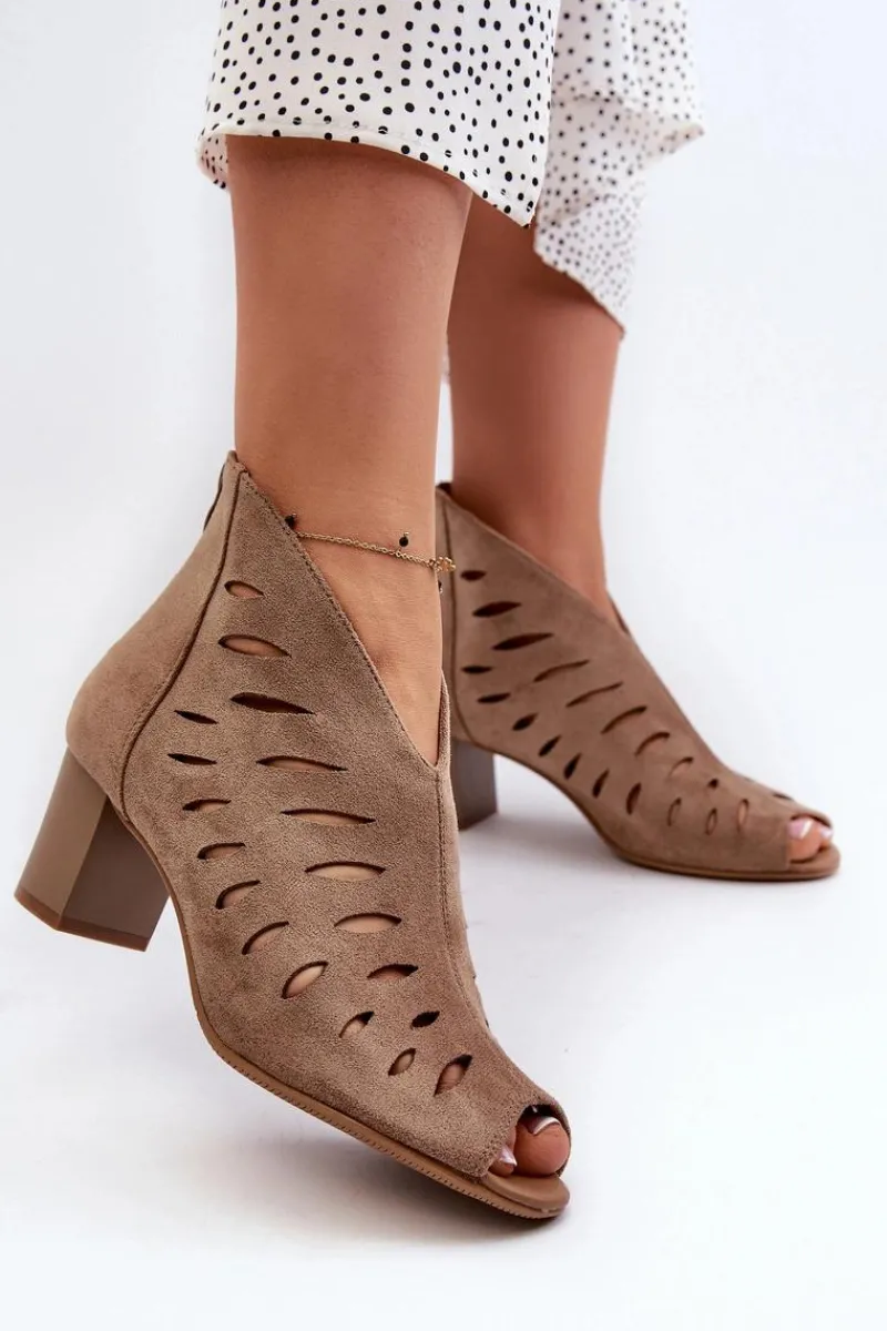 Hot Ażurowe Botki Damskie Eko Zamszowe Na Słupku Z Odkrytymi Palcami Beżowe Timalre Damskie Botki Wiosenne|Botki Ażurowe