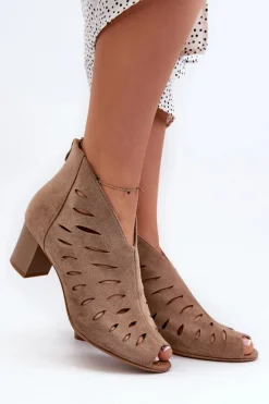 Hot Ażurowe Botki Damskie Eko Zamszowe Na Słupku Z Odkrytymi Palcami Beżowe Timalre Damskie Botki Wiosenne|Botki Ażurowe