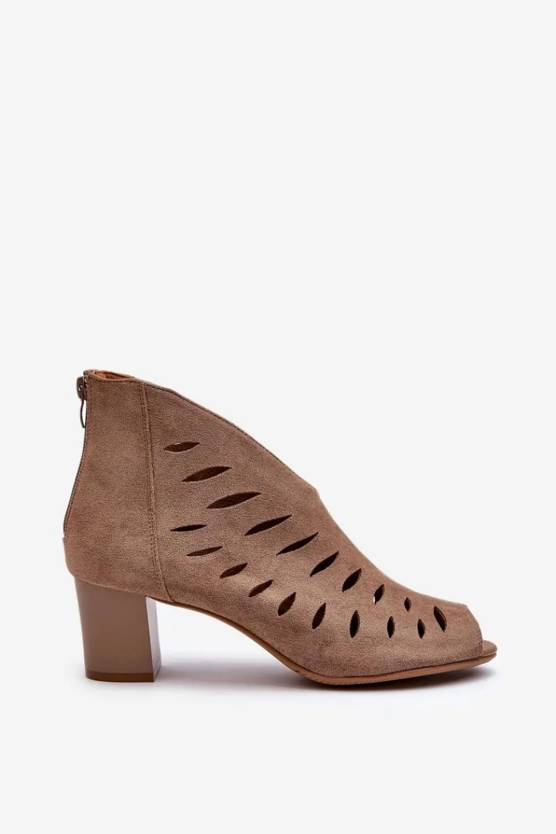 Hot Ażurowe Botki Damskie Eko Zamszowe Na Słupku Z Odkrytymi Palcami Beżowe Timalre Damskie Botki Wiosenne|Botki Ażurowe