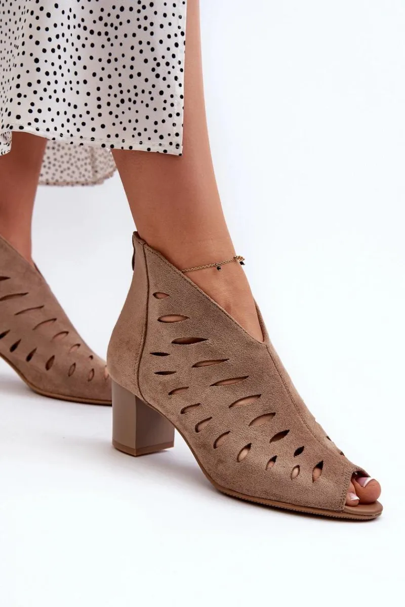 Hot Ażurowe Botki Damskie Eko Zamszowe Na Słupku Z Odkrytymi Palcami Beżowe Timalre Damskie Botki Wiosenne|Botki Ażurowe