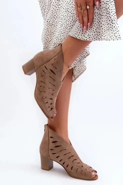 Hot Ażurowe Botki Damskie Eko Zamszowe Na Słupku Z Odkrytymi Palcami Beżowe Timalre Damskie Botki Wiosenne|Botki Ażurowe