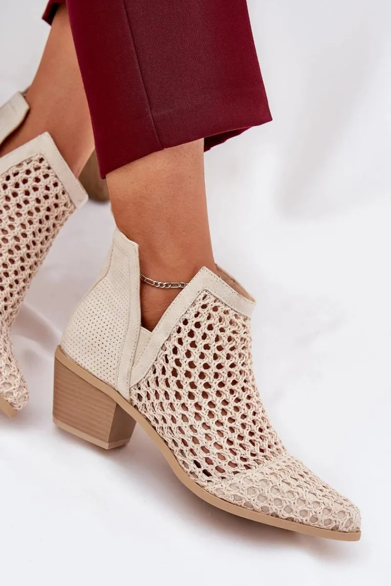 Sale Boto Ażurowe Botki Damskie Na Obcasie Z Wycięciami I Plecionką Jasnobeżowe Tulifedi