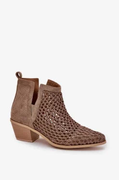 New Ażurowe Botki Damskie Na Obcasie Z Wycięciami I Plecionką Khaki Tulifedi Damskie Botki Wiosenne|Botki Na Słupku