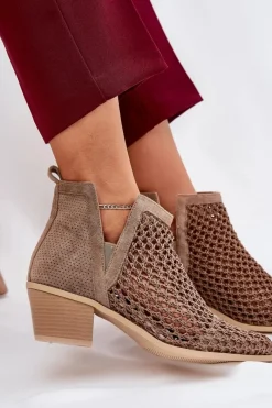 New Ażurowe Botki Damskie Na Obcasie Z Wycięciami I Plecionką Khaki Tulifedi Damskie Botki Wiosenne|Botki Na Słupku