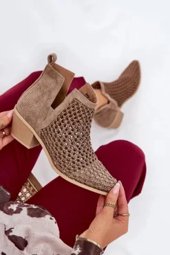 New Ażurowe Botki Damskie Na Obcasie Z Wycięciami I Plecionką Khaki Tulifedi Damskie Botki Wiosenne|Botki Na Słupku