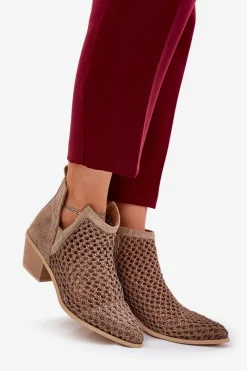 New Ażurowe Botki Damskie Na Obcasie Z Wycięciami I Plecionką Khaki Tulifedi Damskie Botki Wiosenne|Botki Na Słupku