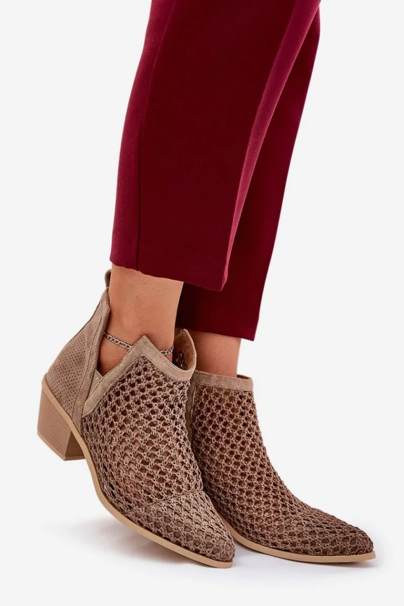 New Ażurowe Botki Damskie Na Obcasie Z Wycięciami I Plecionką Khaki Tulifedi Damskie Botki Wiosenne|Botki Na Słupku
