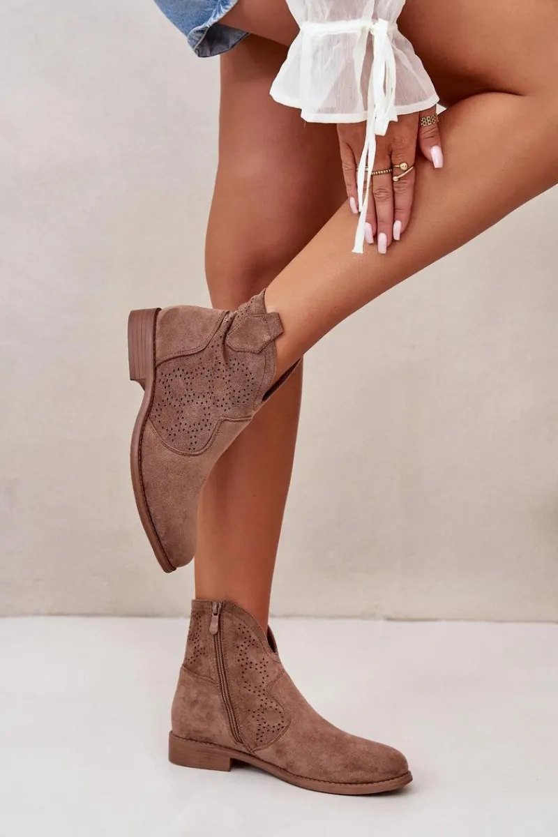 New Damskie buty S.Barski Ażurowe Botki Damskie Na Płaskim Obcasie Brązowe S.Barski HY42-151