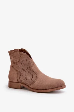 New Damskie buty S.Barski Ażurowe Botki Damskie Na Płaskim Obcasie Brązowe S.Barski HY42-151