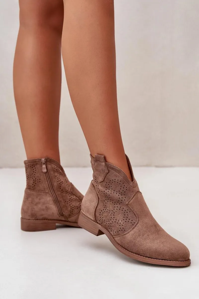 New Damskie buty S.Barski Ażurowe Botki Damskie Na Płaskim Obcasie Brązowe S.Barski HY42-151