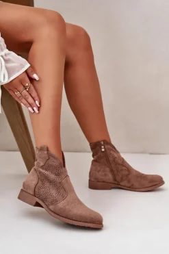 New Damskie buty S.Barski Ażurowe Botki Damskie Na Płaskim Obcasie Brązowe S.Barski HY42-151
