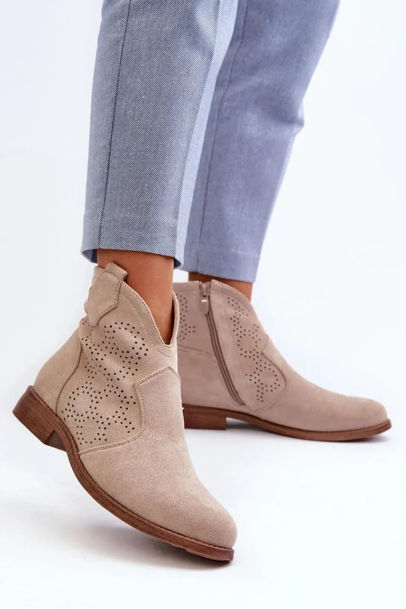 Botki Wiosenne|Botki Ażurowe>Damskie buty S.Barski Ażurowe Botki Damskie Na Płaskim Obcasie Jasnobeżowe S.Barski HY66-151