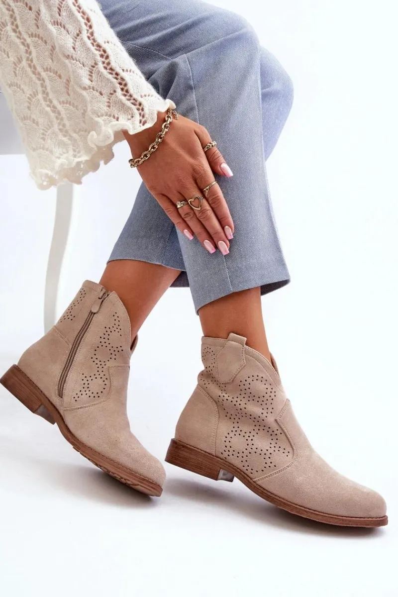 Botki Wiosenne|Botki Ażurowe>Damskie buty S.Barski Ażurowe Botki Damskie Na Płaskim Obcasie Jasnobeżowe S.Barski HY66-151