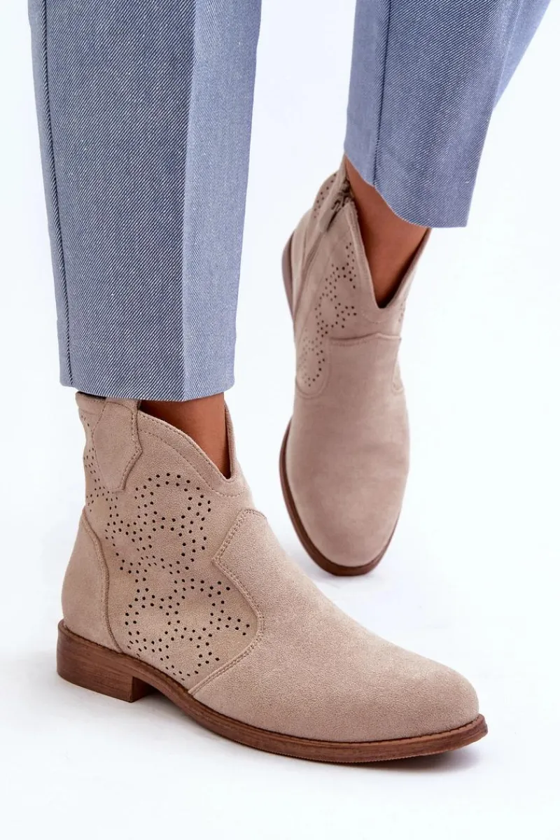 Botki Wiosenne|Botki Ażurowe>Damskie buty S.Barski Ażurowe Botki Damskie Na Płaskim Obcasie Jasnobeżowe S.Barski HY66-151