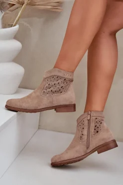 Ażurowe Botki Damskie Na Płaskim Obcasie S.Barski HY51-113 Beżowe Damskie Botki Ażurowe|Botki Płaskie