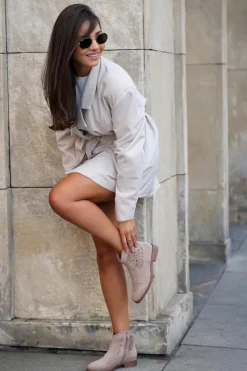 Ażurowe Botki Damskie Na Płaskim Obcasie S.Barski HY51-113 Beżowe Damskie Botki Ażurowe|Botki Płaskie