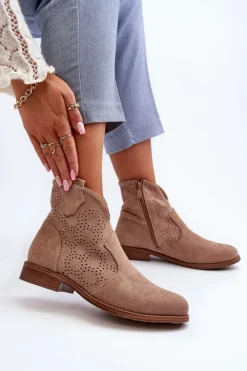 Best Ażurowe Botki Damskie Na Płaskim Obcasie Beżowe S.Barski HY66-151 Damskie Botki Wiosenne|Botki Ażurowe