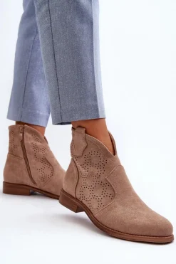 Best Ażurowe Botki Damskie Na Płaskim Obcasie Beżowe S.Barski HY66-151 Damskie Botki Wiosenne|Botki Ażurowe