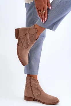 Best Ażurowe Botki Damskie Na Płaskim Obcasie Beżowe S.Barski HY66-151 Damskie Botki Wiosenne|Botki Ażurowe