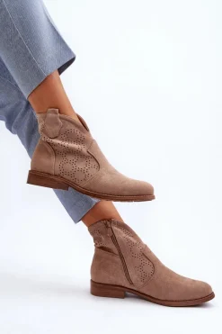 Best Ażurowe Botki Damskie Na Płaskim Obcasie Beżowe S.Barski HY66-151 Damskie Botki Wiosenne|Botki Ażurowe