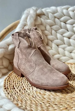 Best Ażurowe Botki Damskie Na Płaskim Obcasie Beżowe S.Barski HY66-151 Damskie Botki Wiosenne|Botki Ażurowe