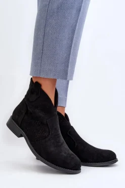 Sale Damskie buty S.Barski Ażurowe Botki Damskie Na Płaskim Obcasie Czarne S.Barski HY66-151