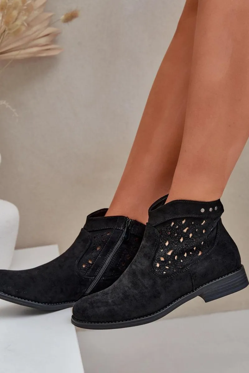 Botki Ażurowe|Botki Płaskie>Damskie buty S.Barski Ażurowe Botki Damskie Na Płaskim Obcasie S.Barski HY51-113 Czarne