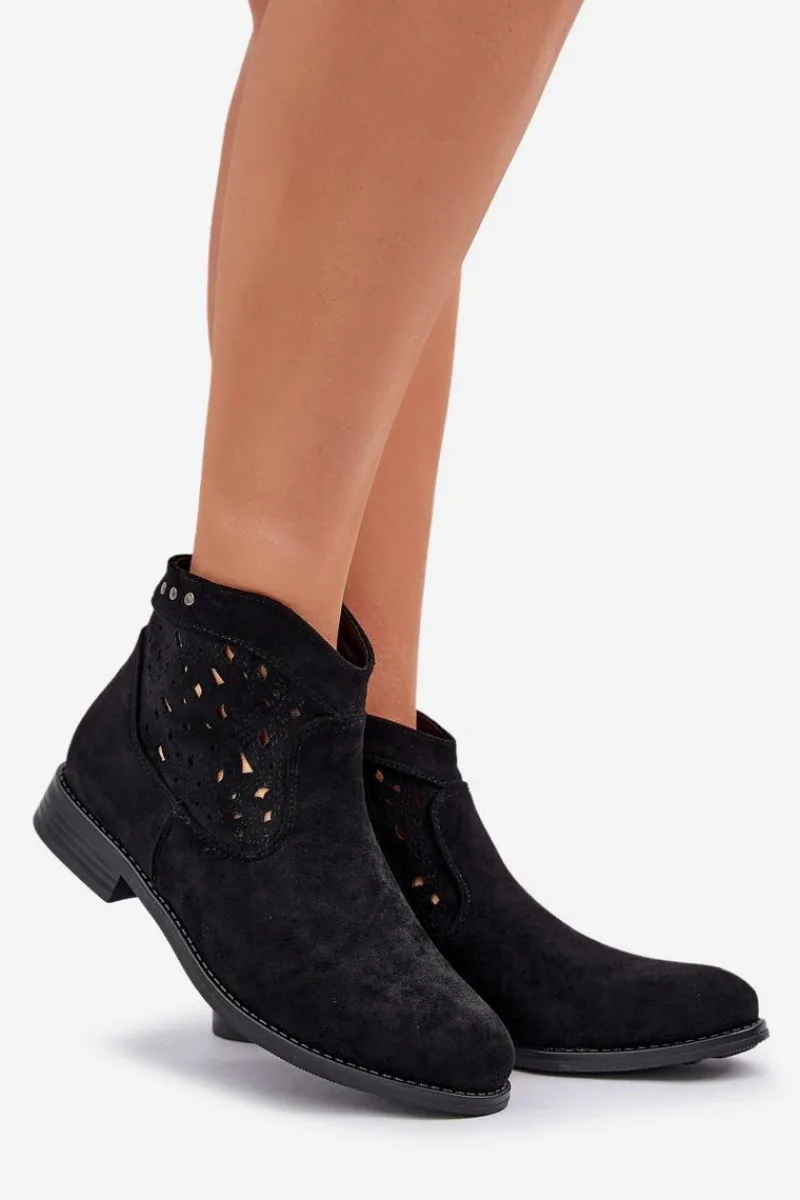 Botki Ażurowe|Botki Płaskie>Damskie buty S.Barski Ażurowe Botki Damskie Na Płaskim Obcasie S.Barski HY51-113 Czarne