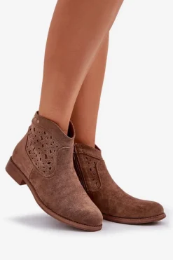 Hot Damskie buty S.Barski Ażurowe Botki Damskie Na Płaskim Obcasie S.Barski HY51-113 Brązowe Brązowy