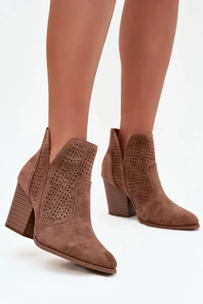 Hot Damskie buty S.Barski Ażurowe Botki Damskie Na Słupku S.Barski HY51-060 Brązowe