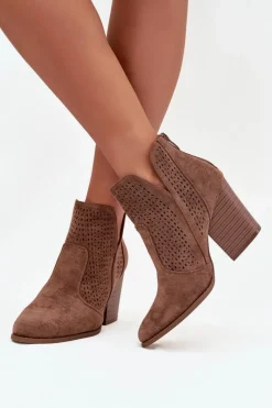 Hot Damskie buty S.Barski Ażurowe Botki Damskie Na Słupku S.Barski HY51-060 Brązowe