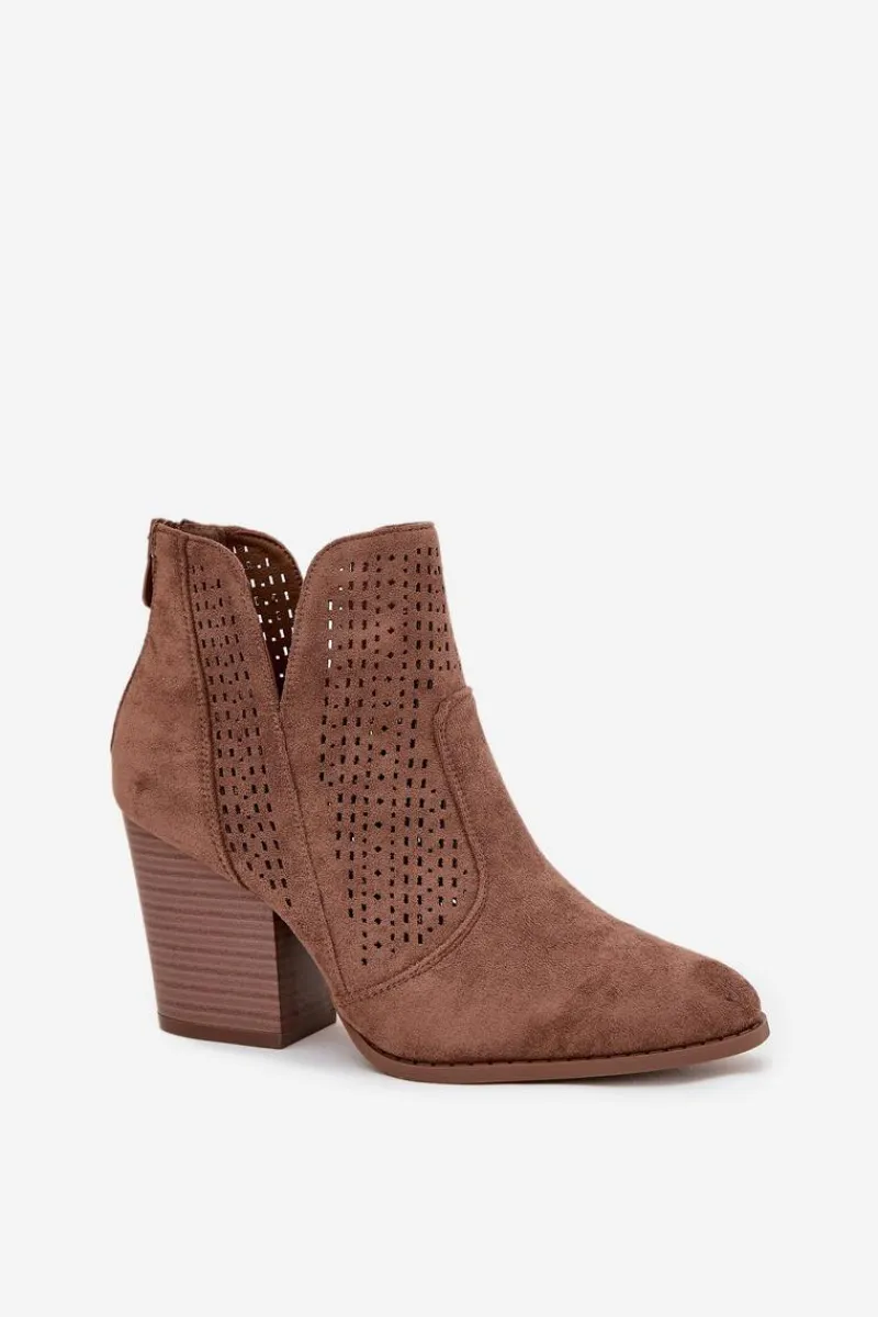 Hot Damskie buty S.Barski Ażurowe Botki Damskie Na Słupku S.Barski HY51-060 Brązowe