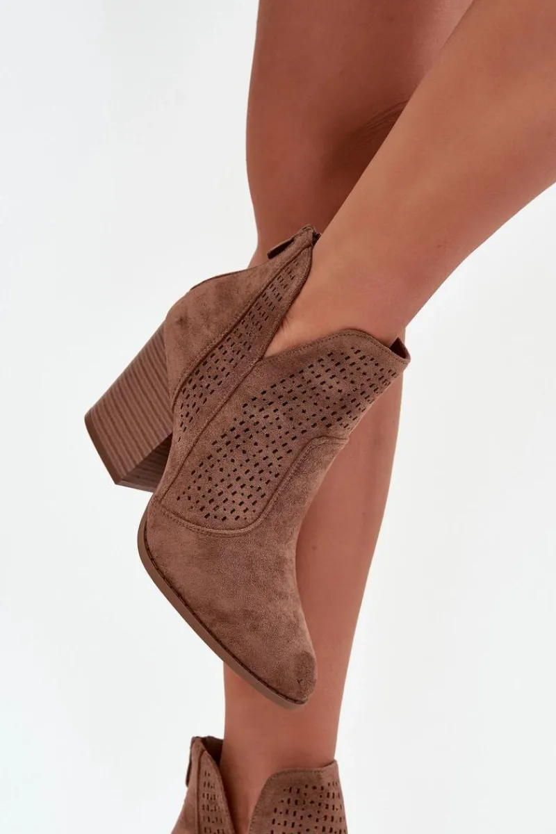 Hot Damskie buty S.Barski Ażurowe Botki Damskie Na Słupku S.Barski HY51-060 Brązowe