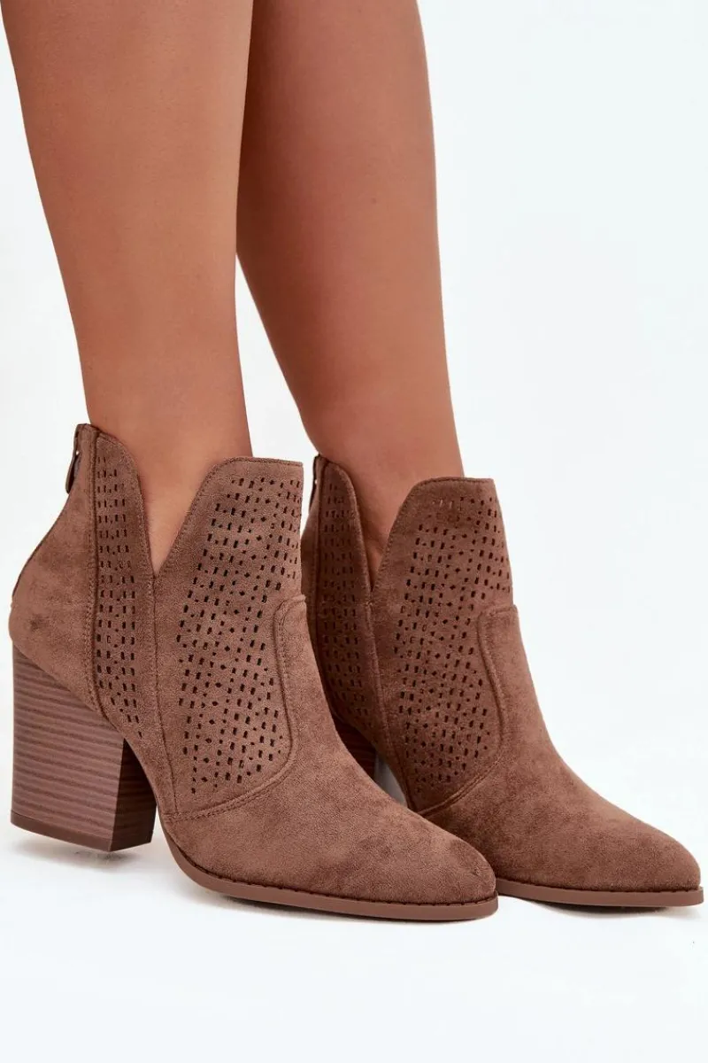 Hot Damskie buty S.Barski Ażurowe Botki Damskie Na Słupku S.Barski HY51-060 Brązowe