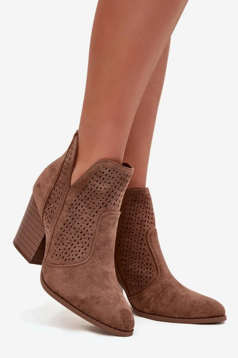 Hot Damskie buty S.Barski Ażurowe Botki Damskie Na Słupku S.Barski HY51-060 Brązowe