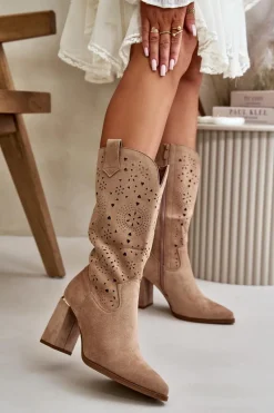 Outlet Ażurowe Botki Damskie Na Słupku Z Noskami W Szpic Eko Zamszowe Ciemnobeżowe Nevithra Damskie Botki Na Słupku|Botki Ażurowe