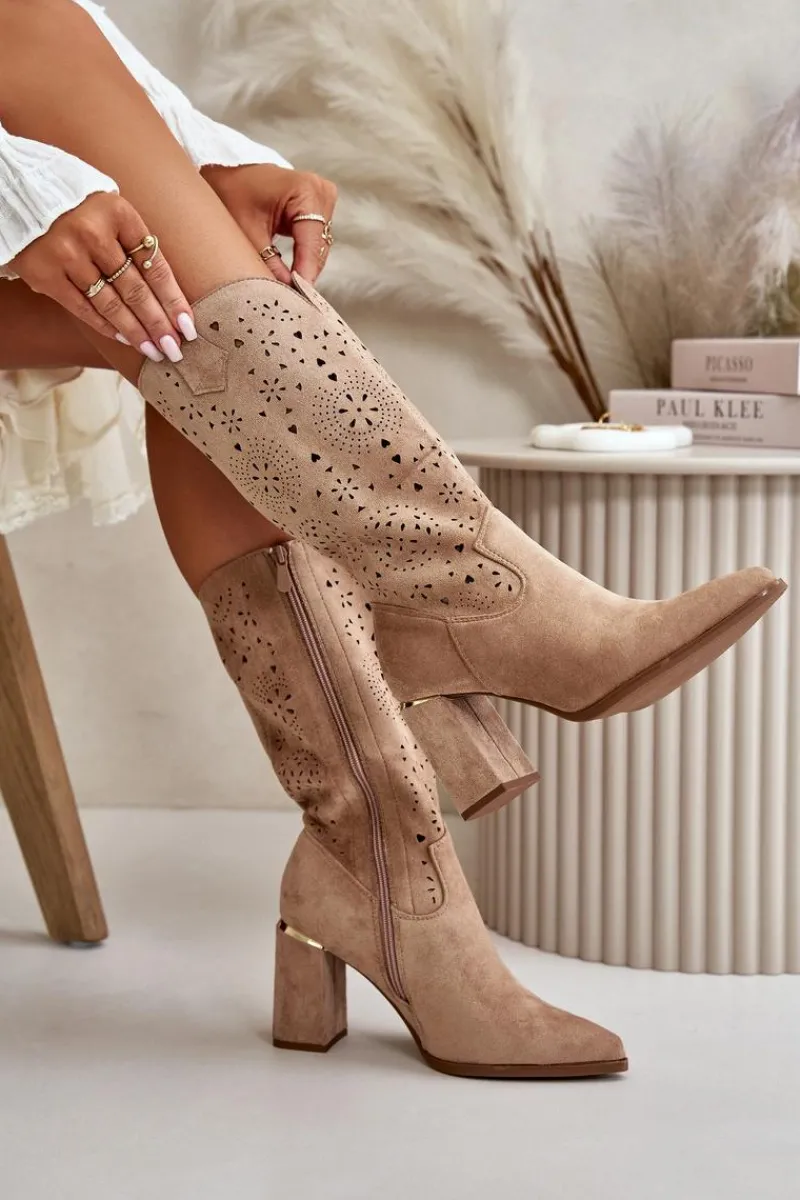 Outlet Ażurowe Botki Damskie Na Słupku Z Noskami W Szpic Eko Zamszowe Ciemnobeżowe Nevithra Damskie Botki Na Słupku|Botki Ażurowe