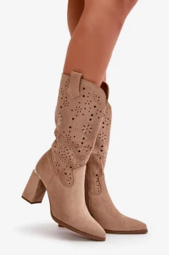 Outlet Ażurowe Botki Damskie Na Słupku Z Noskami W Szpic Eko Zamszowe Ciemnobeżowe Nevithra Damskie Botki Na Słupku|Botki Ażurowe