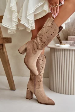 Outlet Ażurowe Botki Damskie Na Słupku Z Noskami W Szpic Eko Zamszowe Ciemnobeżowe Nevithra Damskie Botki Na Słupku|Botki Ażurowe
